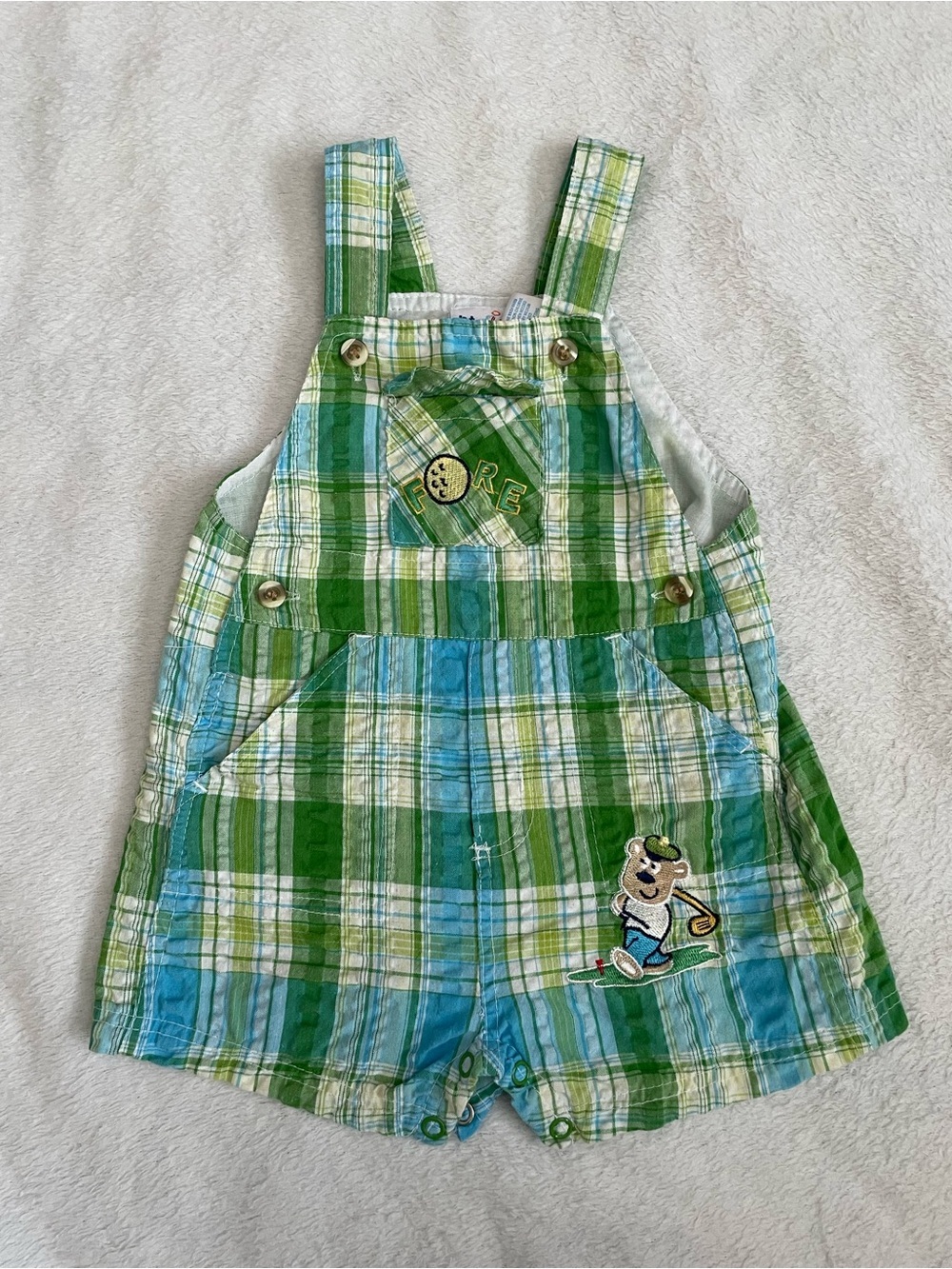B.T. Kids 6-9 Months Golf Plaid Green & Blue Cotton Baby Overalls Embroidered